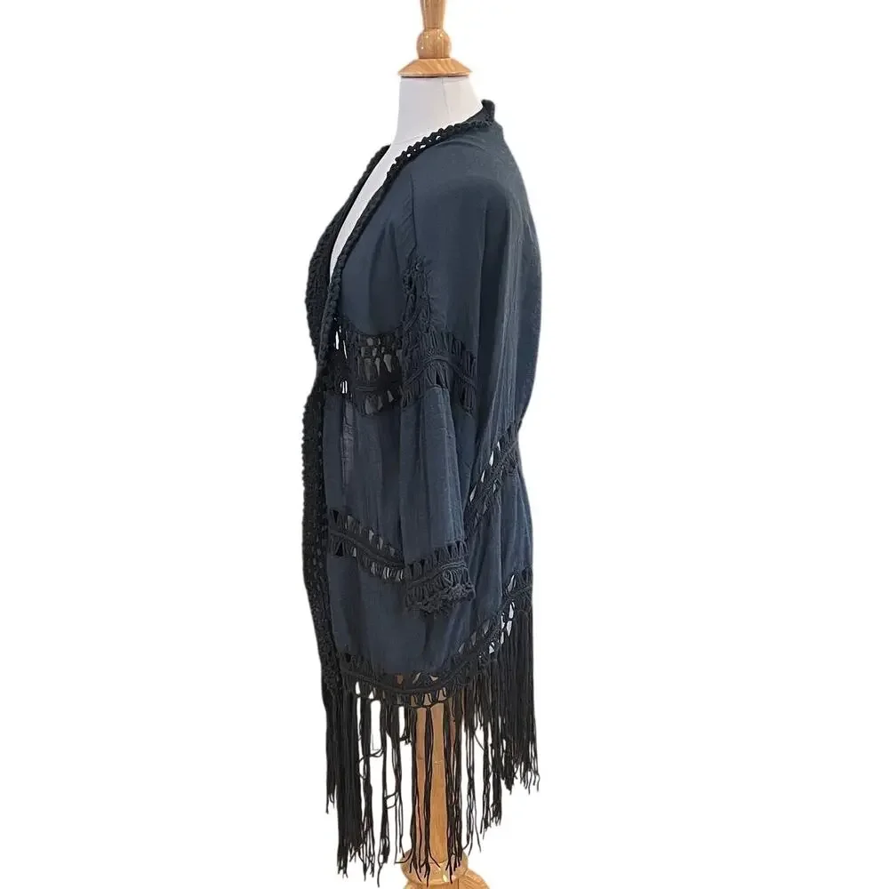 Do Everything In Love Navy Crochet Kimono, Duster, Cover-Up, Boho, Fringe, OS